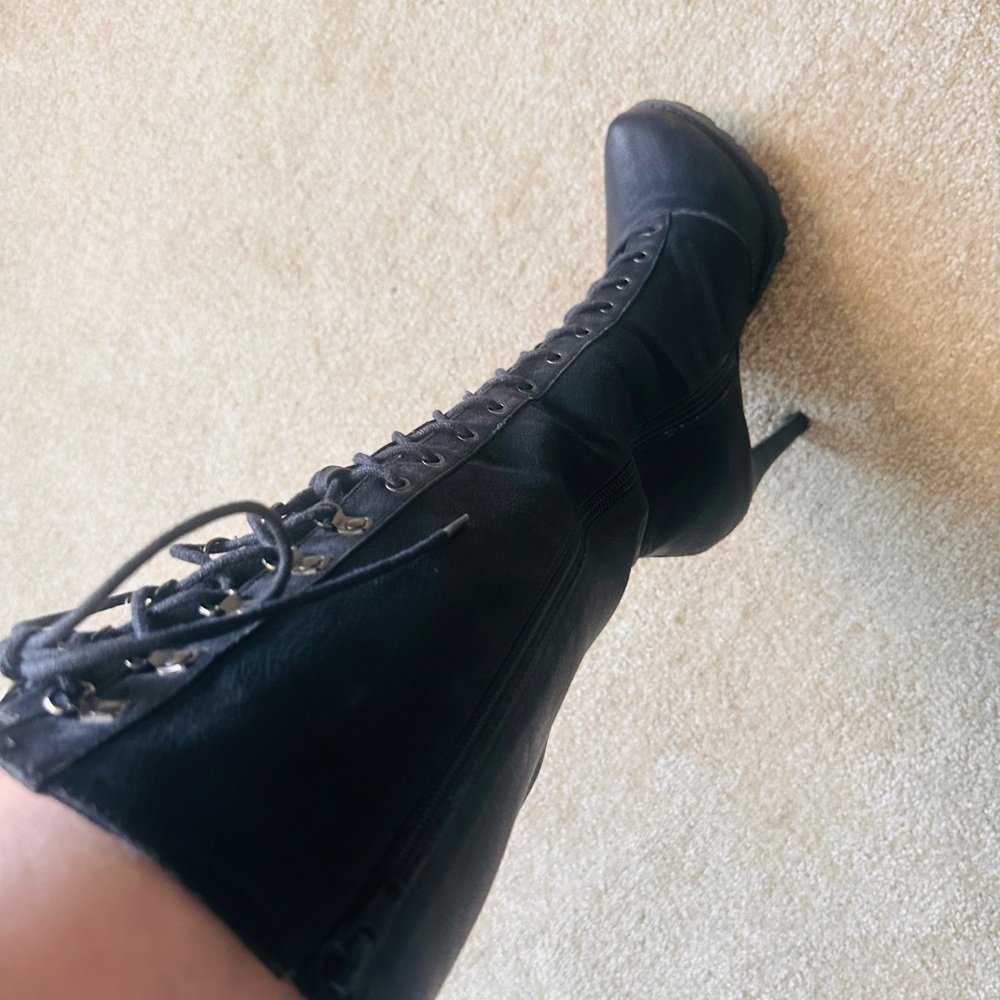 Black Lace-Up Knee-High Boots